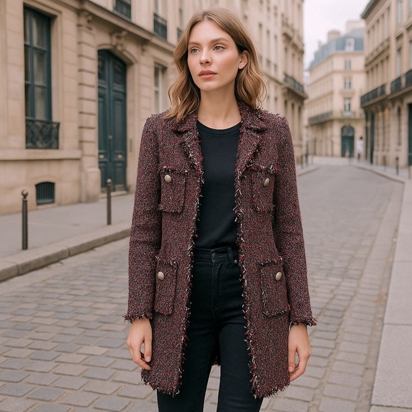 Zara Basic Tweed Longline Coat Jacket XS Black Red Fringe Bouclé - Picture 1 of 16